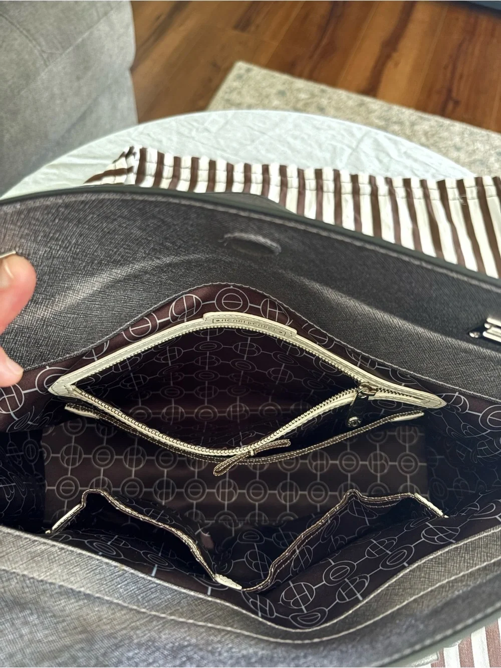 henri bendel Metallic Gray Leather Satchel with Logo Charm